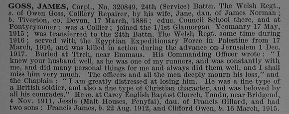 Goss J Cpl 320849 24th Welsh Regiment Obit
