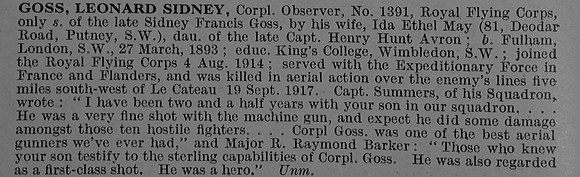 Goss L S Cpl Obs 1391 Royal Flying Corps Obit