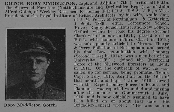Gotch R M Captain 7th Notts & Derby Regiment (Sherwood Foresters) Obit Part 1
