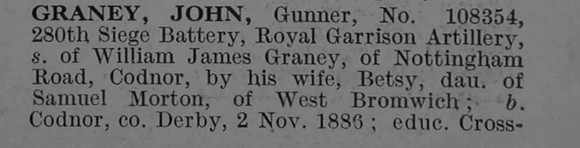 Graney J Gnr 108354 Royal Garrison Artillery Obit Part 1