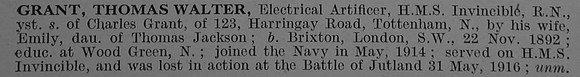 Grant T W Artificer Electrical 4th Class M-7533 H.M.S. Invincible Royal Navy