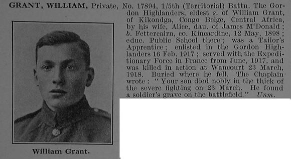 Grant W Pte 17894 5th Gordon Highlanders Obit