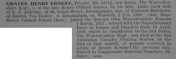 Graves H E Pte 53112 3rd Worcestershire Regiment