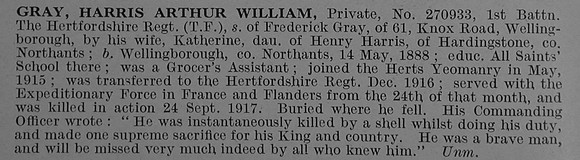 Gray H A W Pte 270933 1st Hertfordshire Regiment