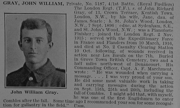 Gray J W Pte 5187 1st London Regiment Obit