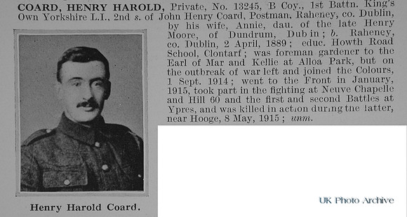 Coard H H Pte 13245 1st Kings Own Yorkshire Light Infantry Obit
