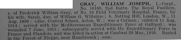 Gray W J L/Cpl 16160 2nd London Regiment (Royal Fusiliers)