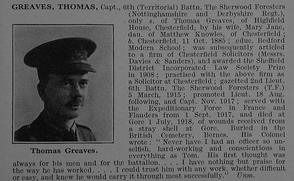Greaves T Captain 6th Notts & Derby Regiment Obit