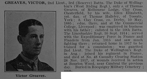Greaves V 2nd Lt 3rd Attd 5th West Riding Regiment Obit