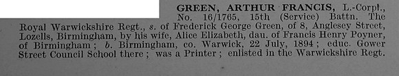 Green A F L/Cpl 16/1765 15th Royal Warwickshire Regiment Obit Part 1