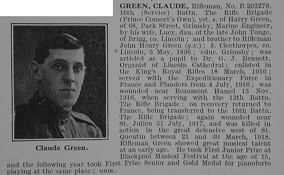 Green C Rfm 203279 16th Rifle Brigade Obit