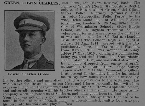 Green E C 2nd Lt 4th North Staffordshire Regiment Obit