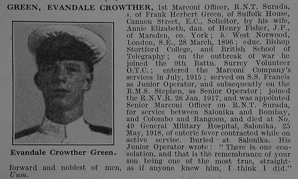 Green E C Senior Wireless Operator H.M. Transport Surada Mercantile Marine Obit