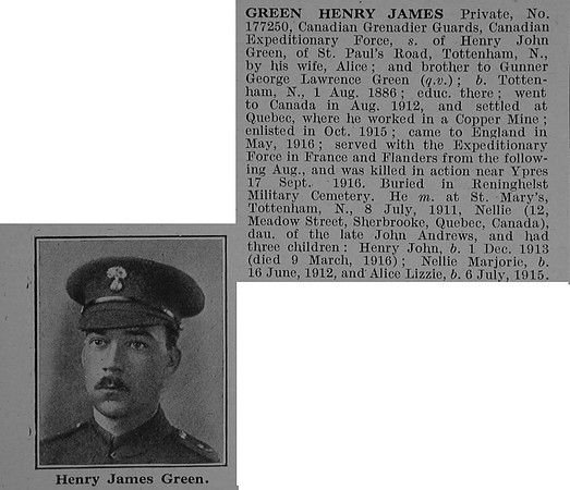 Green H J Pte 177250 87th Canadian Infantry (Quebec Regiment) Obit
