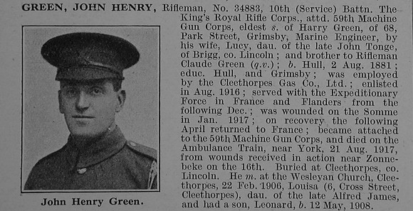 Green J H Rfn 34883 10th Kings Royal Rifle Corps Attd Machine Gun Corps Obit