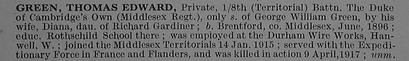 Green T E Pte 8th Middlesex Regiment