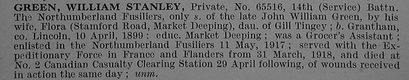Green W S Pte 65516 14th Northumberland Fusiliers