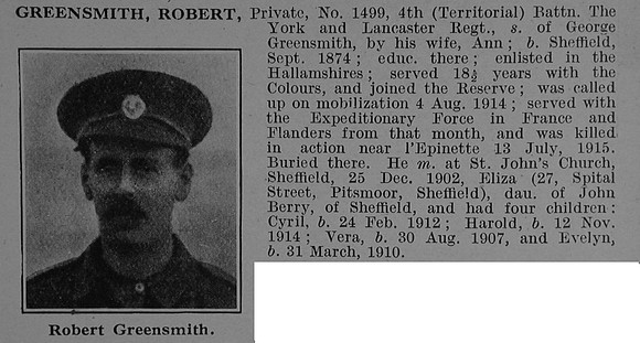 Greensmith R Pte 1499 4th York & Lancaster Regiment Obit