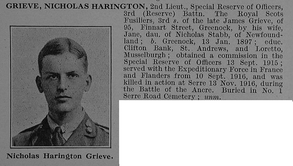 Grieve N H 2nd Lt 3rd Attd 1st Royal Scots Fusiliers Obit