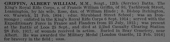 Griffin A W Sergt MM 12th Kings Royal Rifle Corps Obit