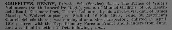 Griffiths H Pte 8th South Lancs Regiment Obit