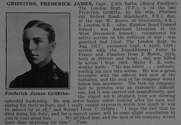 Griffiths F J Captain 4th London Regiment Obit