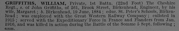Griffiths W Pte 1st Cheshire Regiment Obit