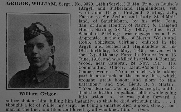 Grigor W Sergt 9370 14th Argyll & Sutherland Highlanders Obit