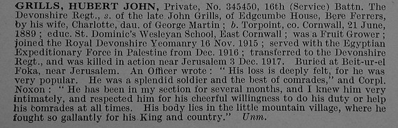 Grills H J Pte 345450 16th Devonshire Regiment Obit