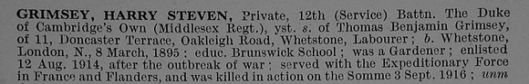 Grimsey H S Pte SR/7409 12th Middlesex Regiment