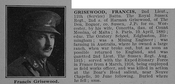 Grisewood F 2nd Lt 11th Royal Sussex Regiment Obit