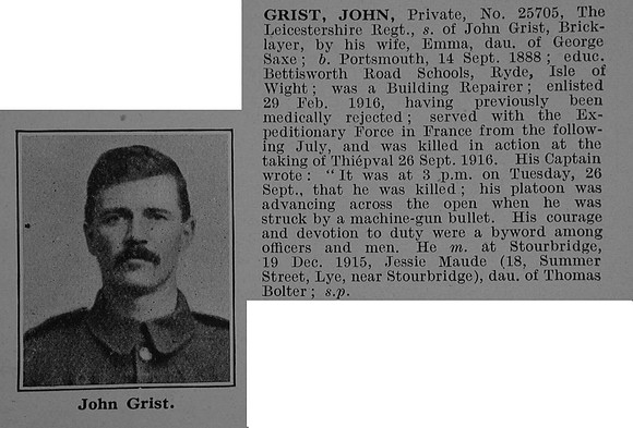 Grist J Pte 25705 6th Leicestershire Regiment Obit