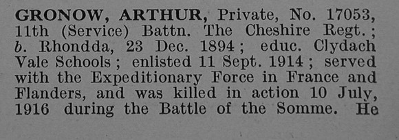 Gronow A Pte 17053 11th Cheshire Regiment Obit Part 1