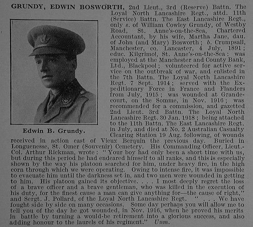 Grundy E B 2nd Lt 3rd The Loyal North Lancashire Regiment Attd 11th East Lancashire Regiment Obit
