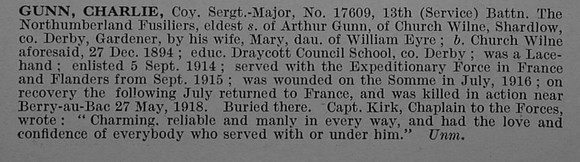 Gunn C Coy Sergt Major 17609 13th Northumberland Fusiliers