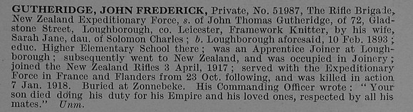 Gutheridge J F Pte 51987 New Zealand Rifle Brigade