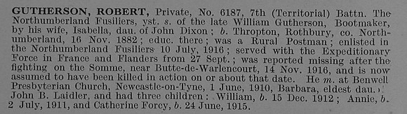 Gutherson R Pte 6187 7th Northumberland Fusiliers