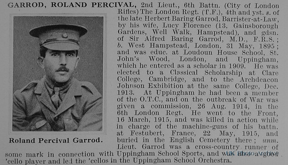 Garrod R P 2nd Lt 6th London Regiment Obit