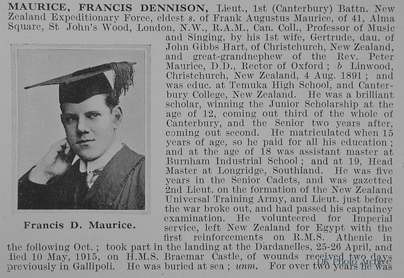 Maurice F D Lt 1st Canterbury Btn New Zealand Expeditionary Force Obit Part 1