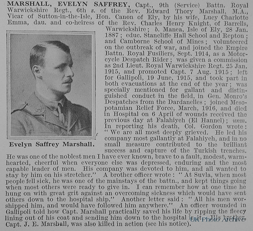 Marshall E S Captain 9th Royal Warwickshire Regiment Obit