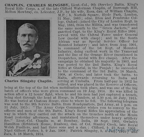 Chaplin CS Lt Col 9th Kings Royal Rifle Corps Obit