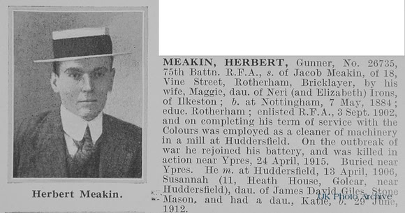 Meakin H Gnr 26735 Royal Field Artillery Obit