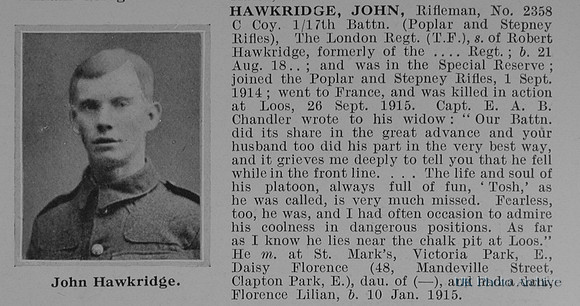 Hawkridge J Rfn 2358 17th London Regiment Obit