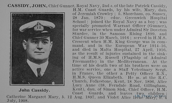 Cassidy J Chief Gunner HMS Russell Royal Navy Obit