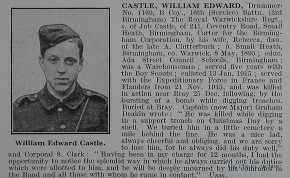 Castle W E Drummer 1169 16th Royal Warwickshire Regiment Obit