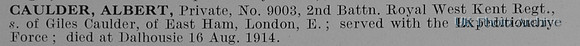 Caulder A Pte 9003 2nd Royal West Kent Regiment