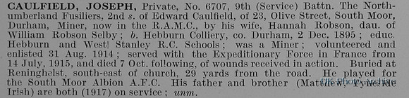 Caulfield J Pte 6707 9th Northumberland Fusiliers