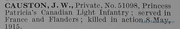 Causton J W Pte 51098 Princess Patricias Light Infantry