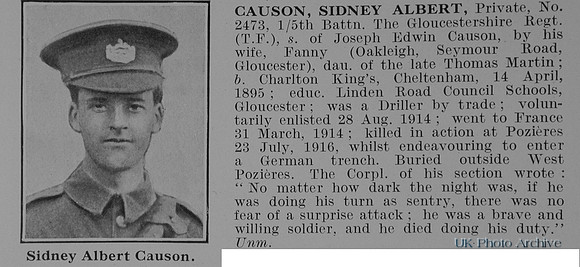 Causon S A Pte 2473 5th Gloucestershire Regiment Obit