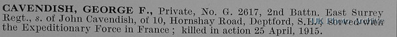 Cavendish G F Pte G2617 2nd East Surrey Regiment